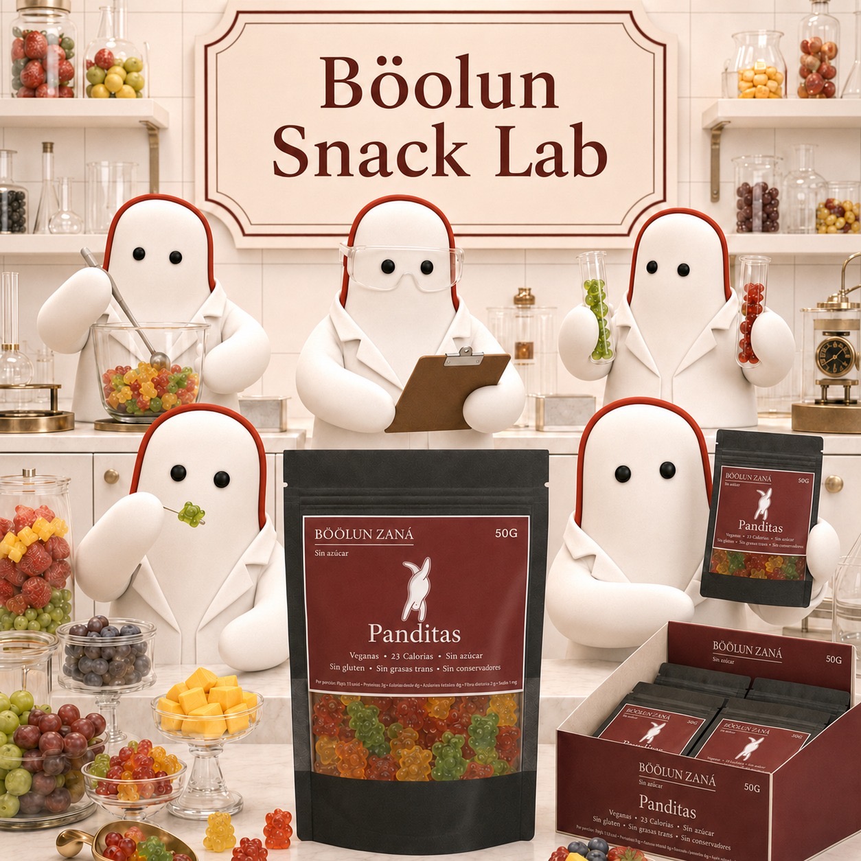 Personajes de Böolun Zaná en el Snack Lab con bolsas de Panditas sin azúcar